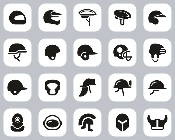 Casco Casco Seguridad Iconos Blanco Negro Flat Design Set Grande — Archivo Imágenes Vectoriales