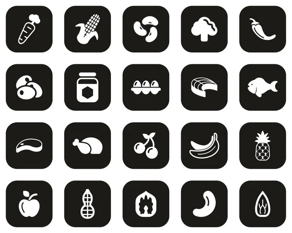 健康食品图标白色在黑色平面设计设置大 — 图库矢量图片