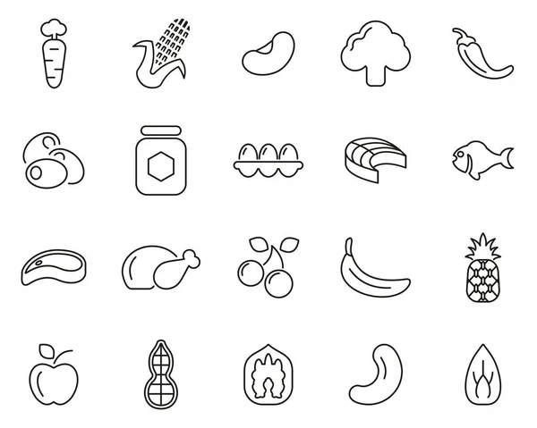 Iconos Alimentos Saludables Línea Delgada Blanco Negro — Vector de stock