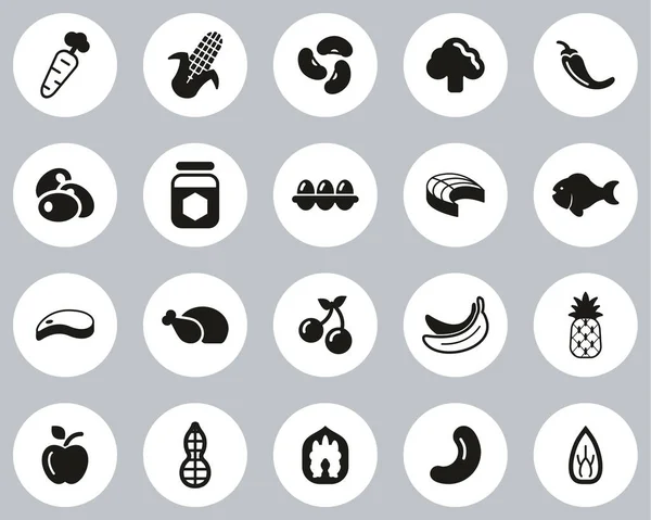 Υγιείς Εικόνες Τροφίμων Μαύρο Λευκό Επίπεδο Σύνολο Κύκλων Σχεδιασμού Μεγάλο — Διανυσματικό Αρχείο