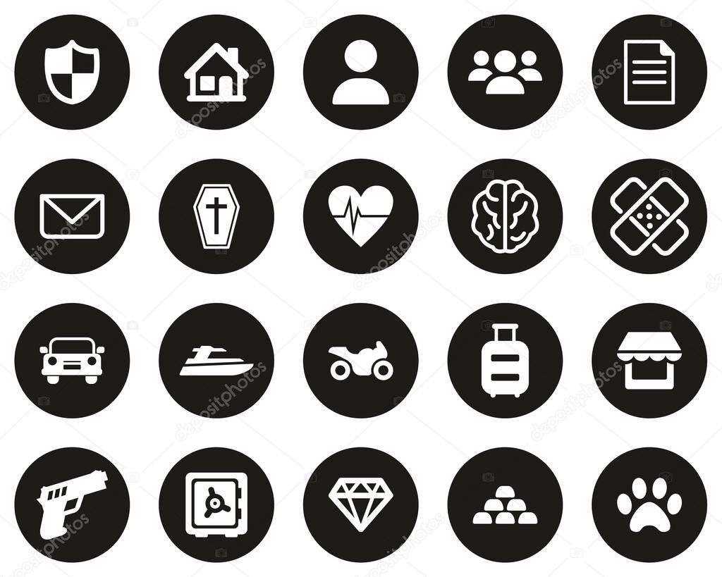 Insurance Policy Icons White On Black Flat Design Circle Set Big
