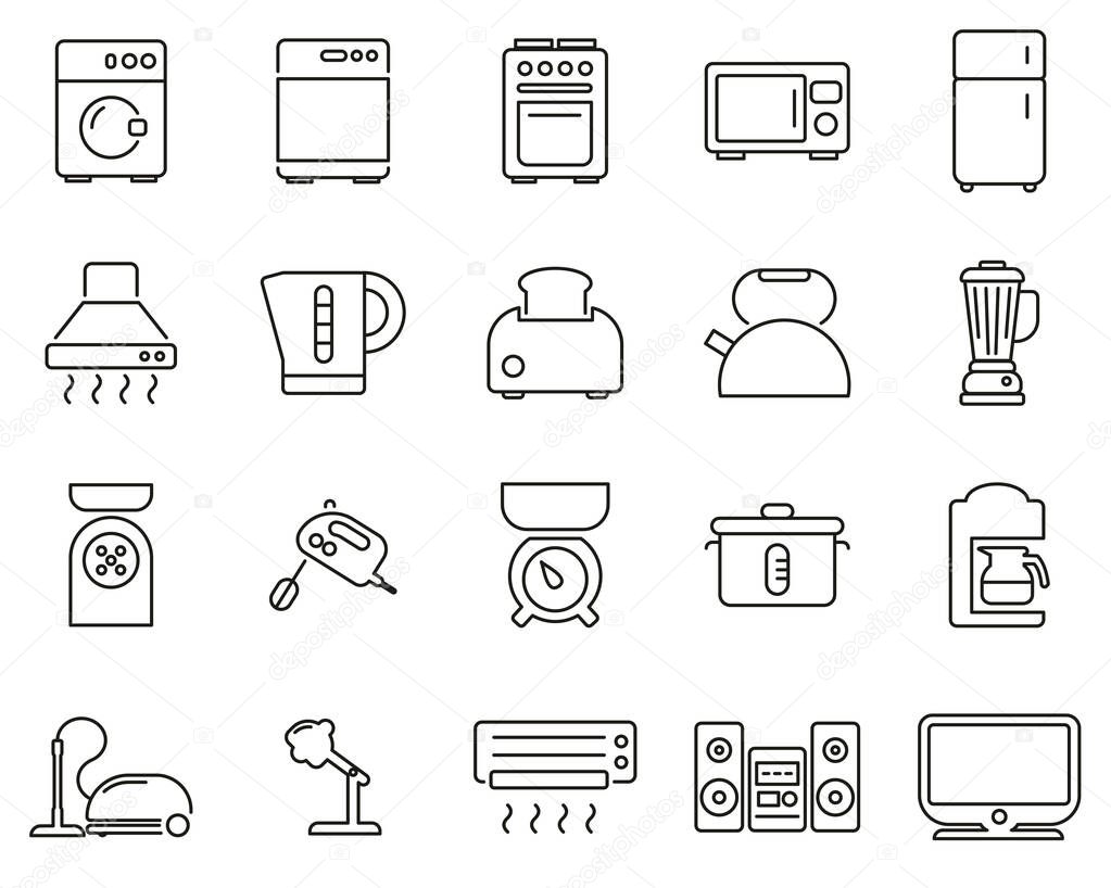 Household Appliances Or Electric Appliances Icons Black & White Thin Line Set Big