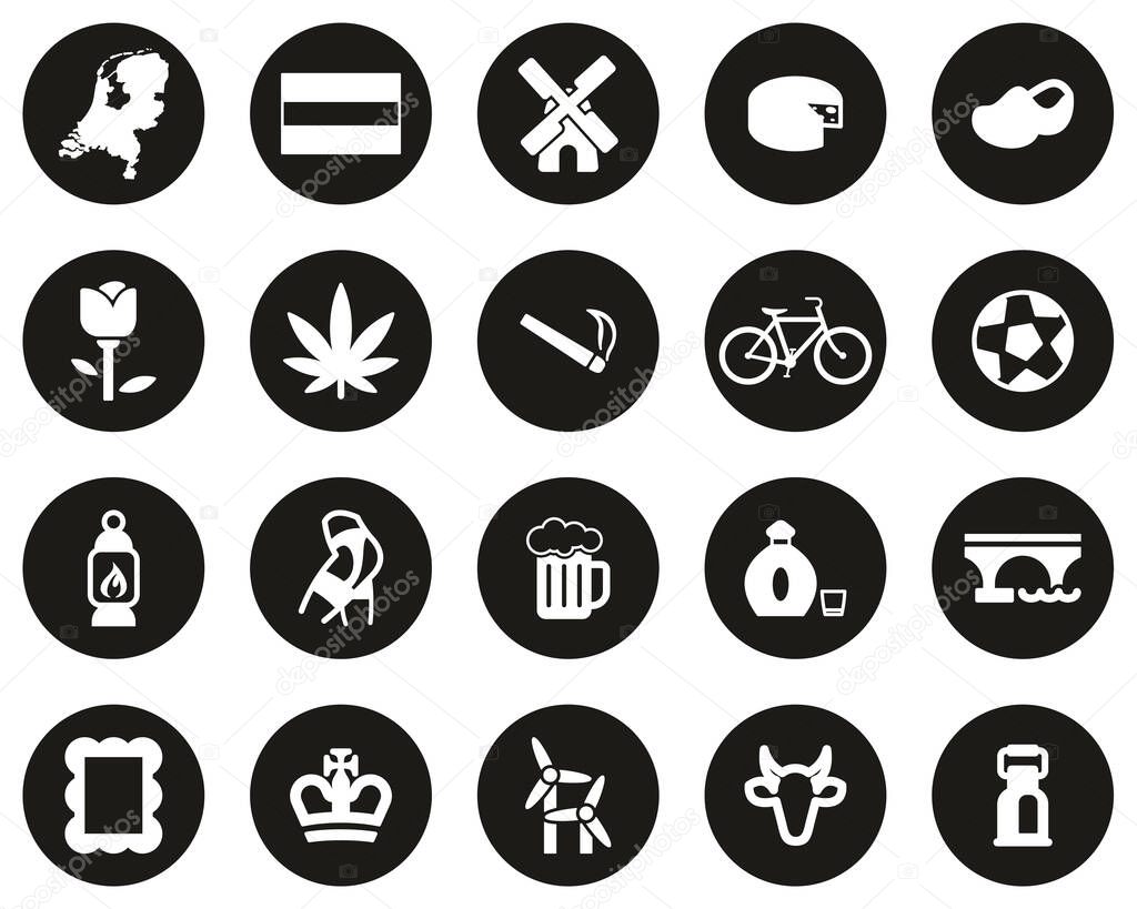 Holland Or Netherlands Country & Culture Icons White On Black Flat Design Circle Set Big