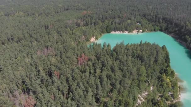 在白俄罗斯阳光明媚的夏日 美丽的湖泊与蓝色的绿松石清澈的水和绿色的森林鸟瞰 飞越森林山和蓝湖上空的空中飞行 森林风景秀丽的夏季景观 — 图库视频影像