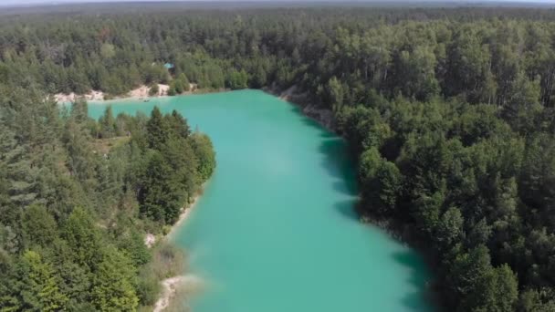 青緑で美しい湖の空中を表示オフに水と緑の森日当たりの良い夏の日にベラルーシで 青い湖と森林に覆われた丘の空中飛行 森の風光明媚な夏の風景 — ストック動画