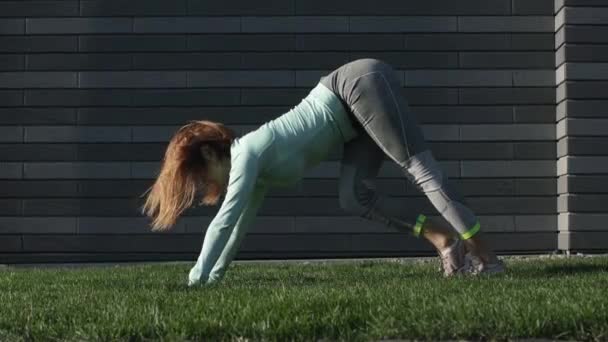 Junge Frau treibt Fitness auf dem Rasen — Stockvideo