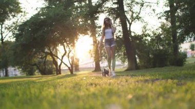 Güzel kız onun küçük köpek şehir parkı ile yürüyüş