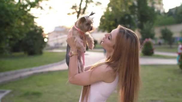 Mooi meisje, wandelen met haar kleine hond In het stadspark — Stockvideo