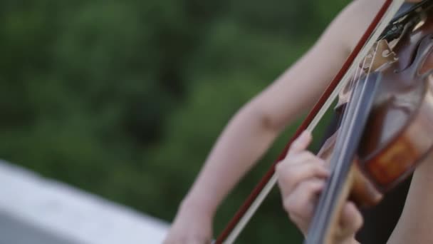 Schöne junge Frau spielt auf der Geige auf dem Dach. — Stockvideo