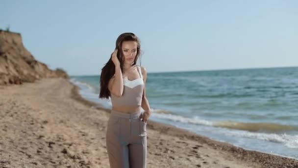 Menina atraente está desfrutando na costa do mar em férias de verão feliz dia . — Vídeo de Stock