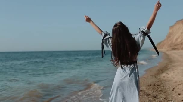 Aantrekkelijk meisje is genieten aan zee kust op zomer vakantie Happy Day. — Stockvideo