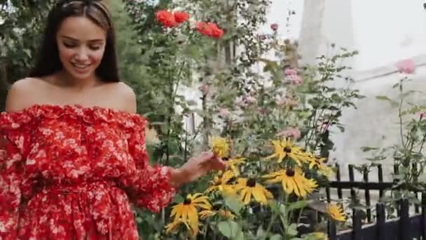 Charming Girl Having Fun On Street Of Old Town On Happy Day. — Stock Video