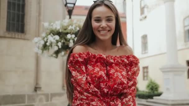 Charming Girl Having Fun On Street Of Old Town On Happy Day. — Stock Video