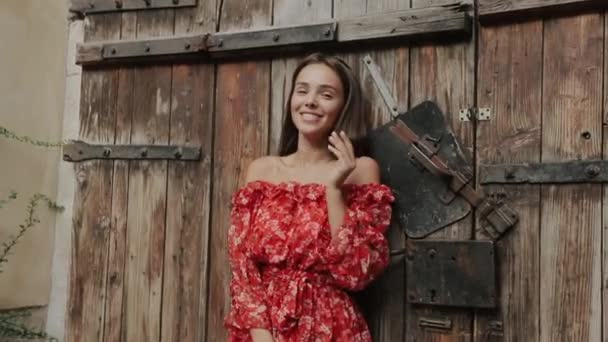 Charming Girl Having Fun On Street Of Old Town On Happy Day. — Stock Video