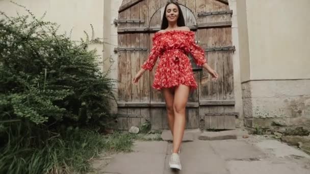 Charming Girl Having Fun On Street Of Old Town On Happy Day. — Stock Video