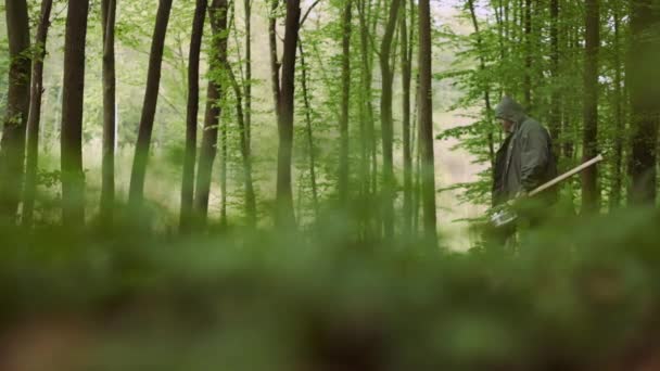 Hombre fuerte casual caminando con hacha en bosque caducifolio salvaje . — Vídeo de stock