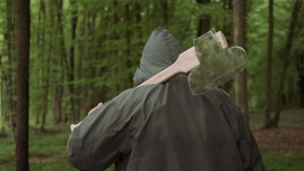 Szakmai woodcutter gyaloglás a Pro AX vadon élő lombhullató erdő. — Stock videók
