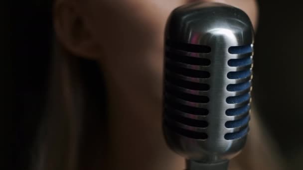 Close-up of Microphone and Talented Singer at Background. Shot on Red Epic 4k Uhd Camera. — Stock Video