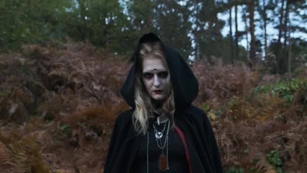 Изображение Хэллоуина. Портрет молодой ведьмы . — стоковое видео