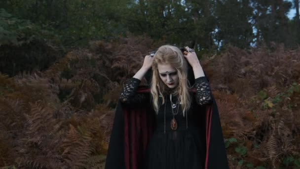 Halloween-Bild. Porträt der jungen Hexe. — Stockvideo