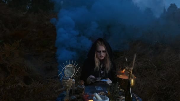 La joven bruja adivina en las cartas. Imagen de Halloween . — Vídeos de Stock