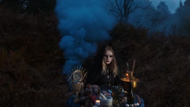 Mladá čarodějka hádá na kartách. Halloween Image. — Stock video