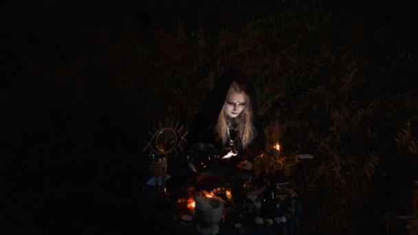 Imagen de Halloween. Retrato de una bruja joven. Bruja en negro con capucha Cabo . — Vídeos de Stock