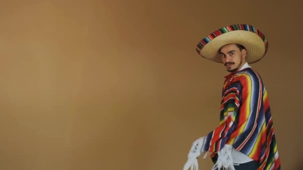 Mladý mexický v mnohobarevné Poncho a klobouk. — Stock video