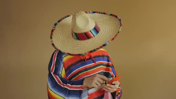 Young Mexican In Multicolored Poncho And Hat. — Stock Video