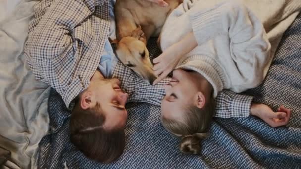 Новый год. Пара и их собака в постели. Влюбленная пара чувствует себя счастливой. — стоковое видео