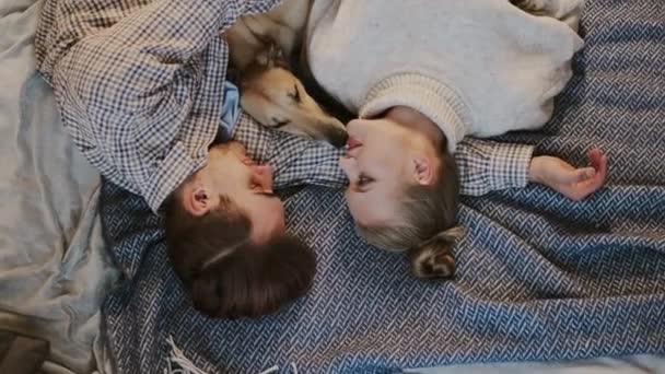 Año Nuevo. Pareja y su perro en la cama. Pareja enamorada sintiendo felicidad. — Vídeos de Stock