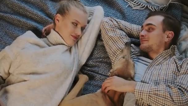Couple et leur chien au lit. Couple amoureux se sentant heureux. — Video