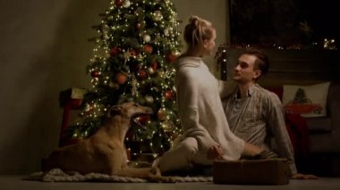 Yeni yıl. Noel ağacının yanında, yerde oturan romantik çift..