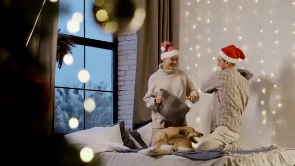 Nový rok. Mladý pár na silvestra doma se svým psem. — Stock video