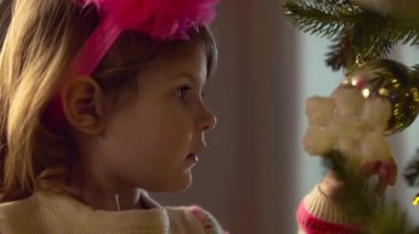 Yeni yıl. Noel ağacı süslemesi yapan küçük kız Noel ağacında asılı duruyor..