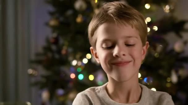 Nieuwjaar. Portret van jongen met blond haar. Grappige jongen toont grappige griezels. — Stockvideo