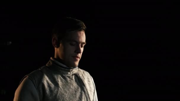 Portrait Of Young Fencer Man Looking Into Camera On The Street. — Stock Video