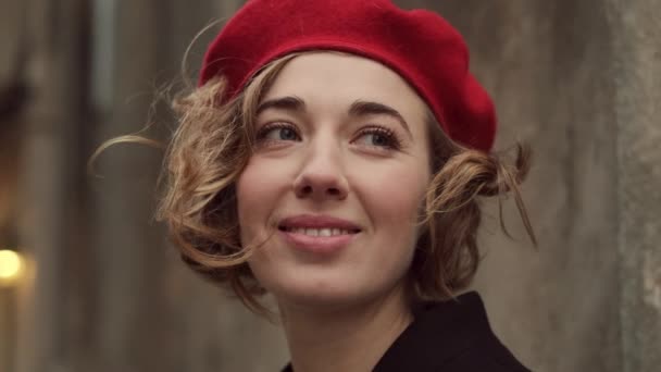Portrait Of Stylish Young Woman In Red Beret. — Stok Video