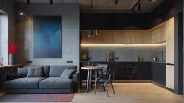 This contemporary living space features a sleek kitchen combined with a cozy sitting area for comfort and style