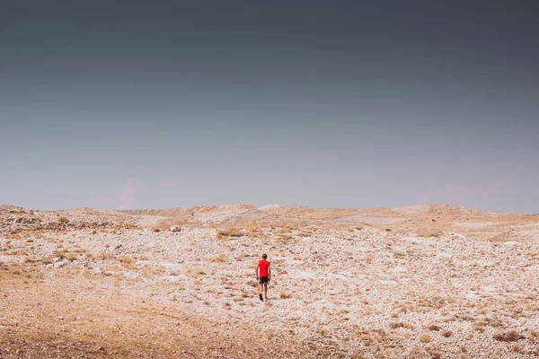 Insan Yalnız Bir Kayalık Çölde Yürüyüş Keşfetmek Özgürlük Macera Yaşam — Stok fotoğraf