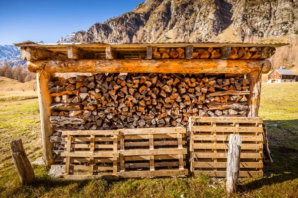 Firewood Storage Beautiful Mountain Landscape Autumn Season — Stock Photo, Image