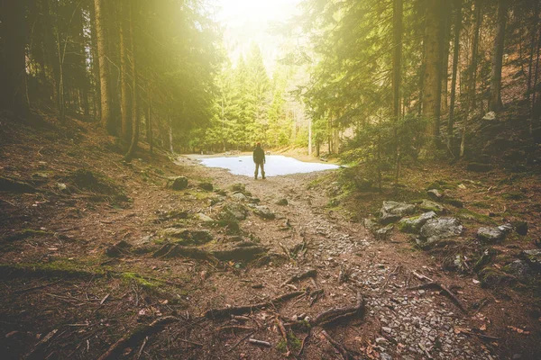 Człowiek Wycieczkowicz Myślenia Lesie Górach Czas Aby Odłączyć Koncepcja Celowe — Zdjęcie stockowe