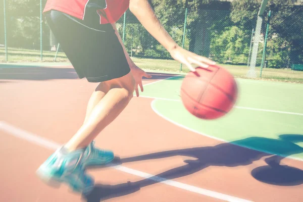 Teenager Play Basketball Outdoor Healthy Sporty Teenagers Lifestyle Concept Spring — Stock Photo, Image