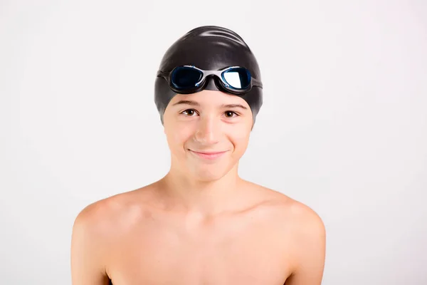 Молодой Спортивный Здоровый Подросток Готовый Плавать Очках Кепке — стоковое фото