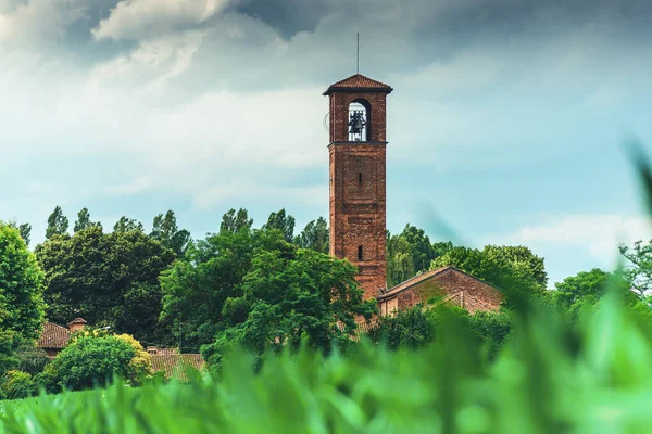 View Bell Tower Church Corn Field Countryside Lombardy Italy — Stock Photo, Image