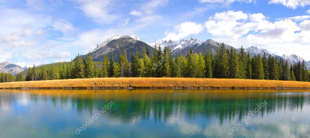 Panoramic view of Bow river landscape in Banff national park