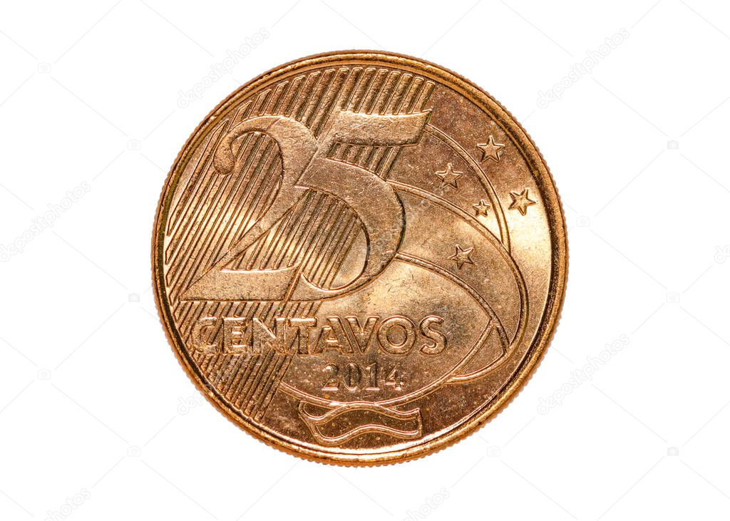 Brazilian Real currency 25 centavos coin isolated on white background