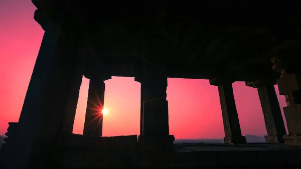 Coucher Soleil Travers Les Runes Site Hampi Inde — Photo