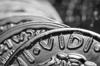 Monokromda gümüş renkli sahte dolar plastik paraların yakın görüntüsü.