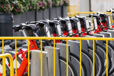 Row of rental bikes in Woodward avenue ,Detroit , Michigan